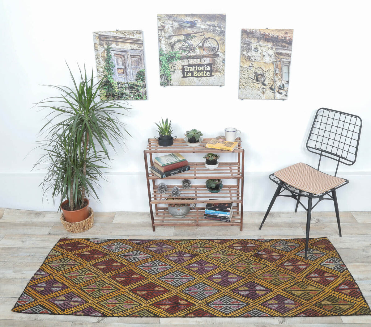 El yapımı vintage yolluk 61x183 cm i̇kat desenli yün - detay görünümü