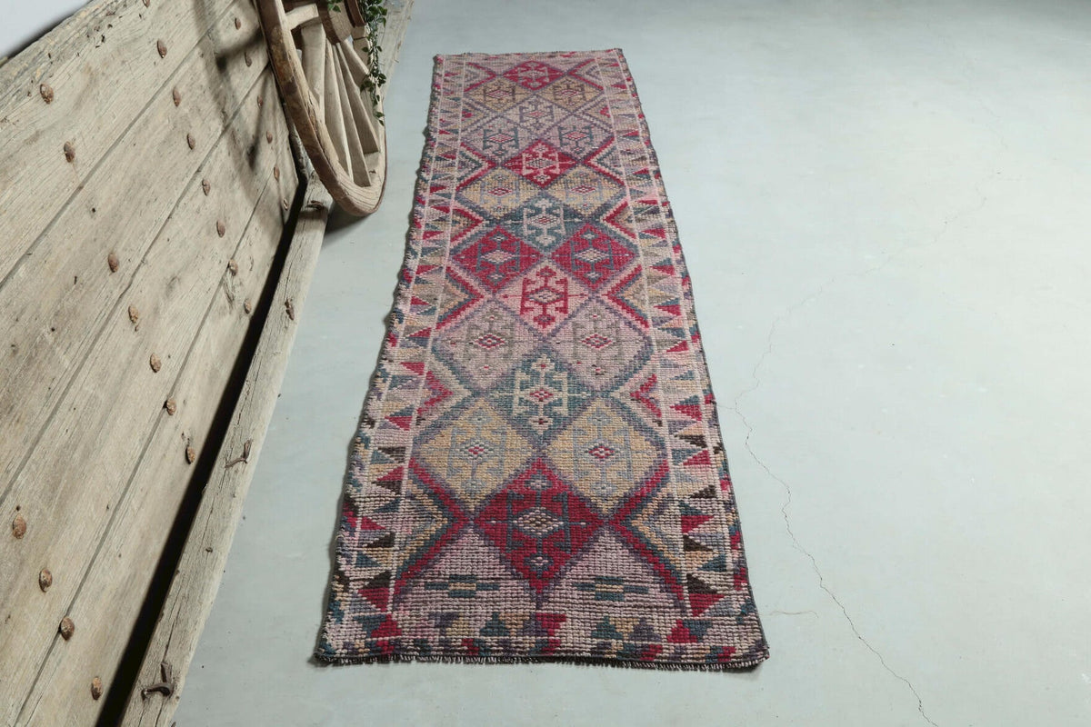 El yapımı vintage yolluk 76x345 cm i̇kat desenli yün - detay görünümü