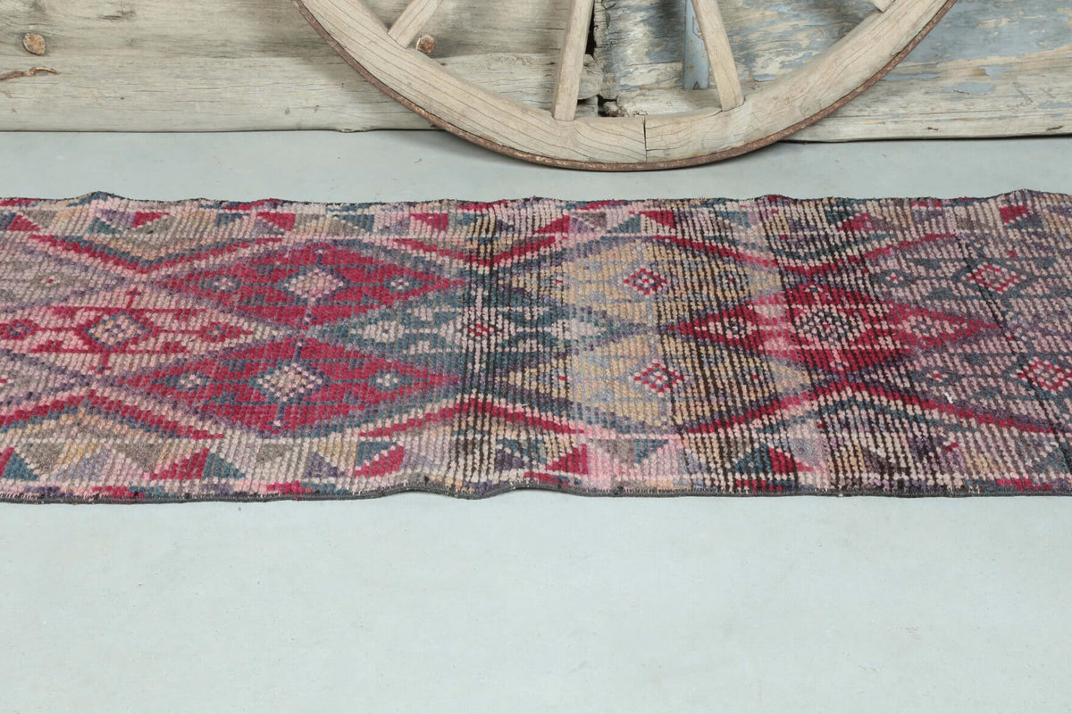 El yapımı vintage yolluk 76x345 cm i̇kat desenli yün - kenar ve saçak detayı