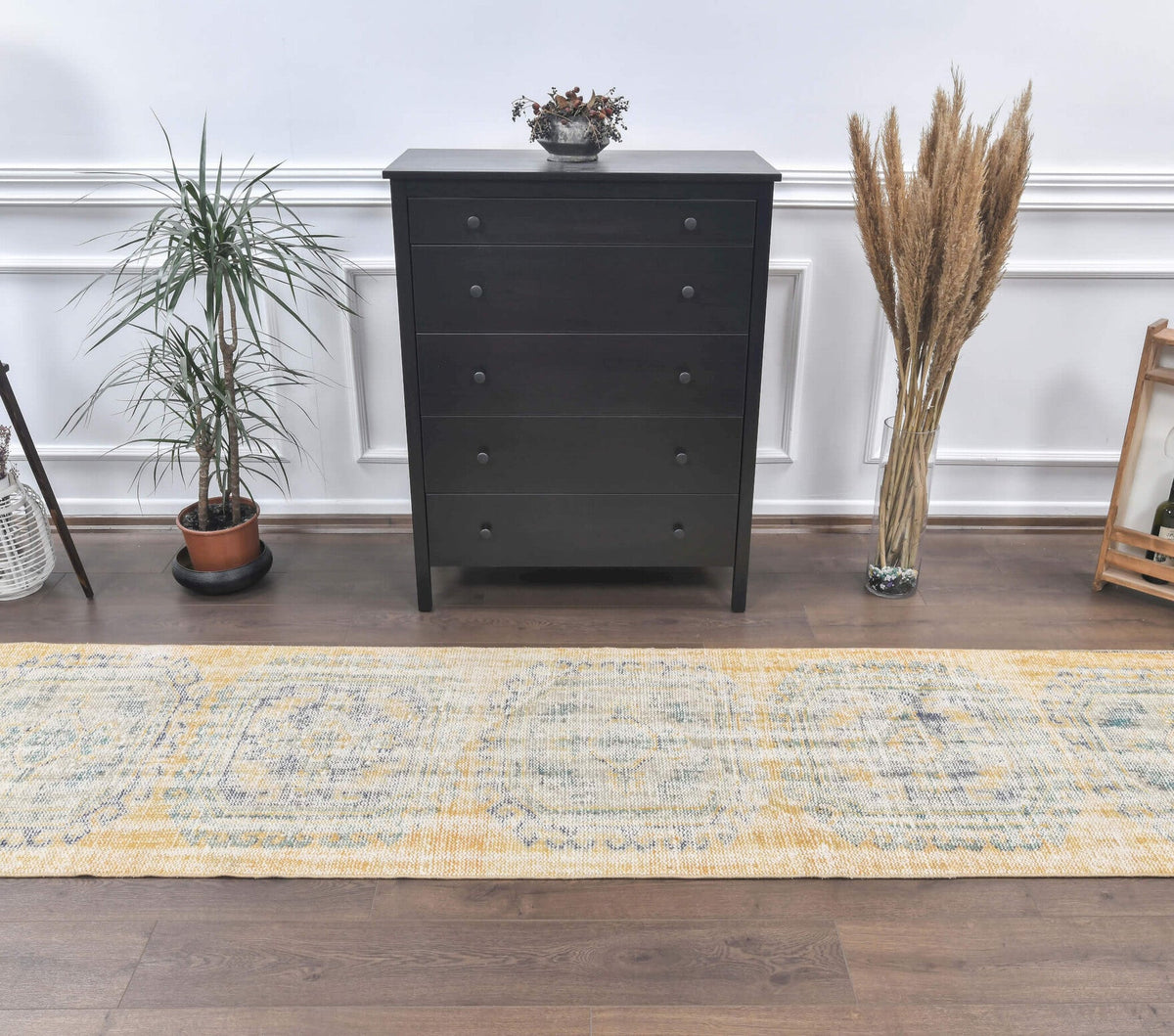 El yapımı vintage yolluk 81x351 cm oryantal desenli yün - yakın çekim doku detayı