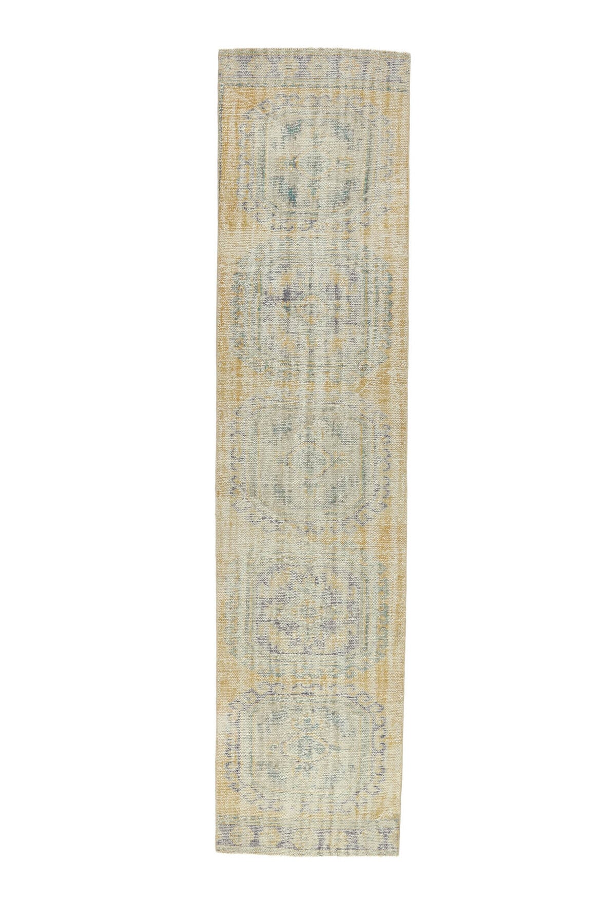 81x352 cm bej oryantal desenli el dokuma vintage yolluk – üstten tam görünüm