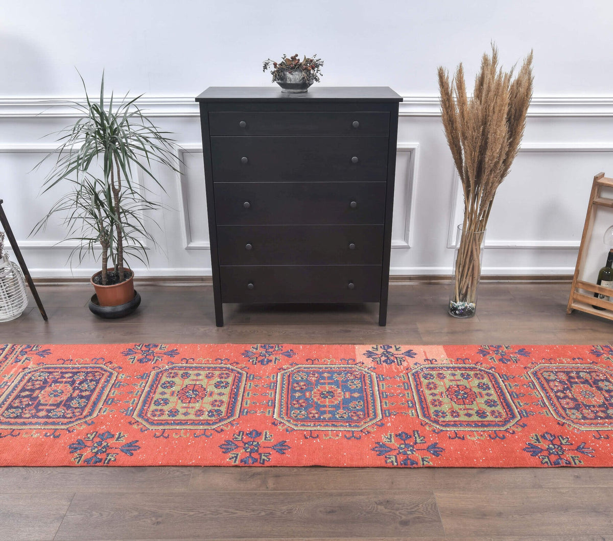 El yapımı vintage yolluk 81x348 cm çiçek desenli desenli yün - yakın çekim doku detayı