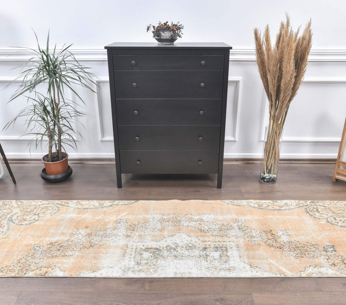 El yapımı vintage yolluk 81x335 cm çiçek desenli desenli yün - yakın çekim doku detayı