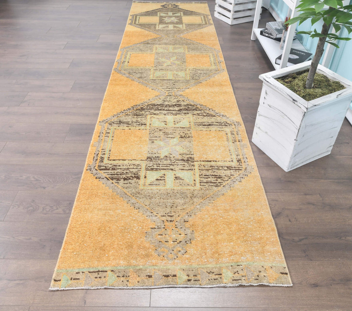 El yapımı vintage yolluk 91x368 cm oryantal desenli yün - detay görünümü
