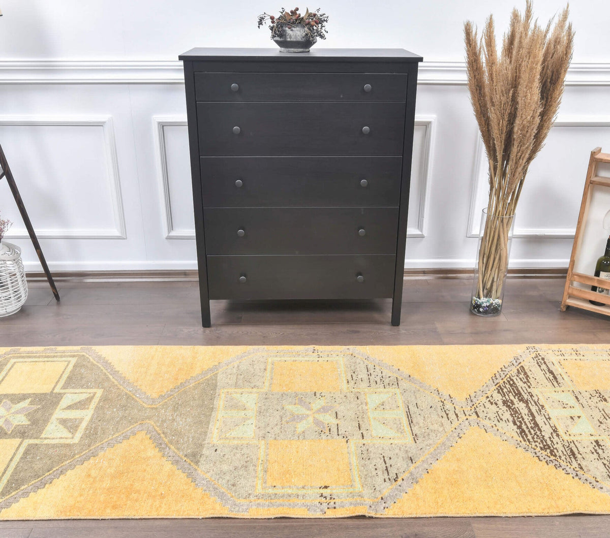 El yapımı vintage yolluk 91x368 cm oryantal desenli yün - yakın çekim doku detayı