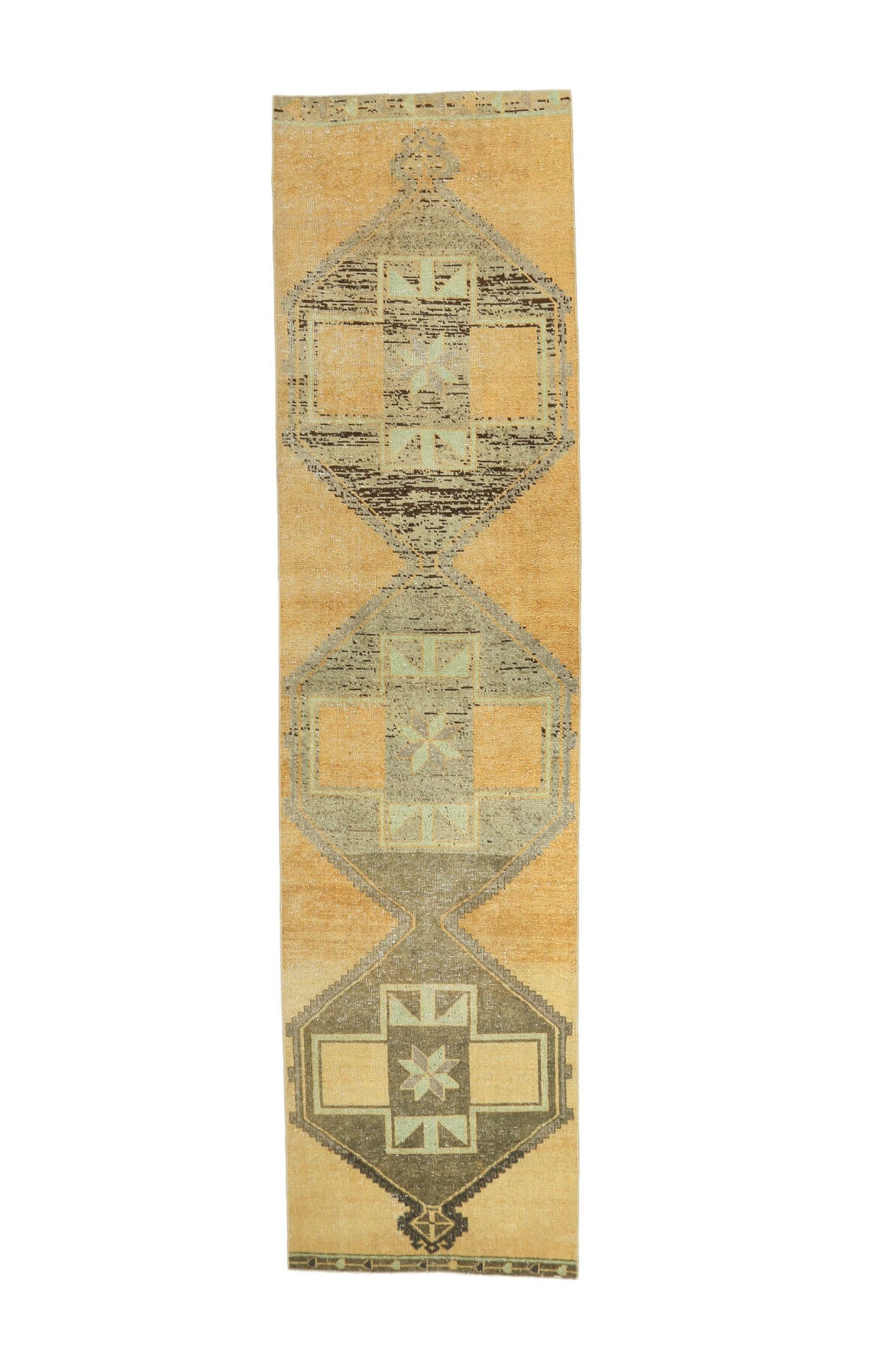 92x370 cm turuncu ve sarı oryantal desenli el dokuma vintage yolluk – üstten tam görünüm