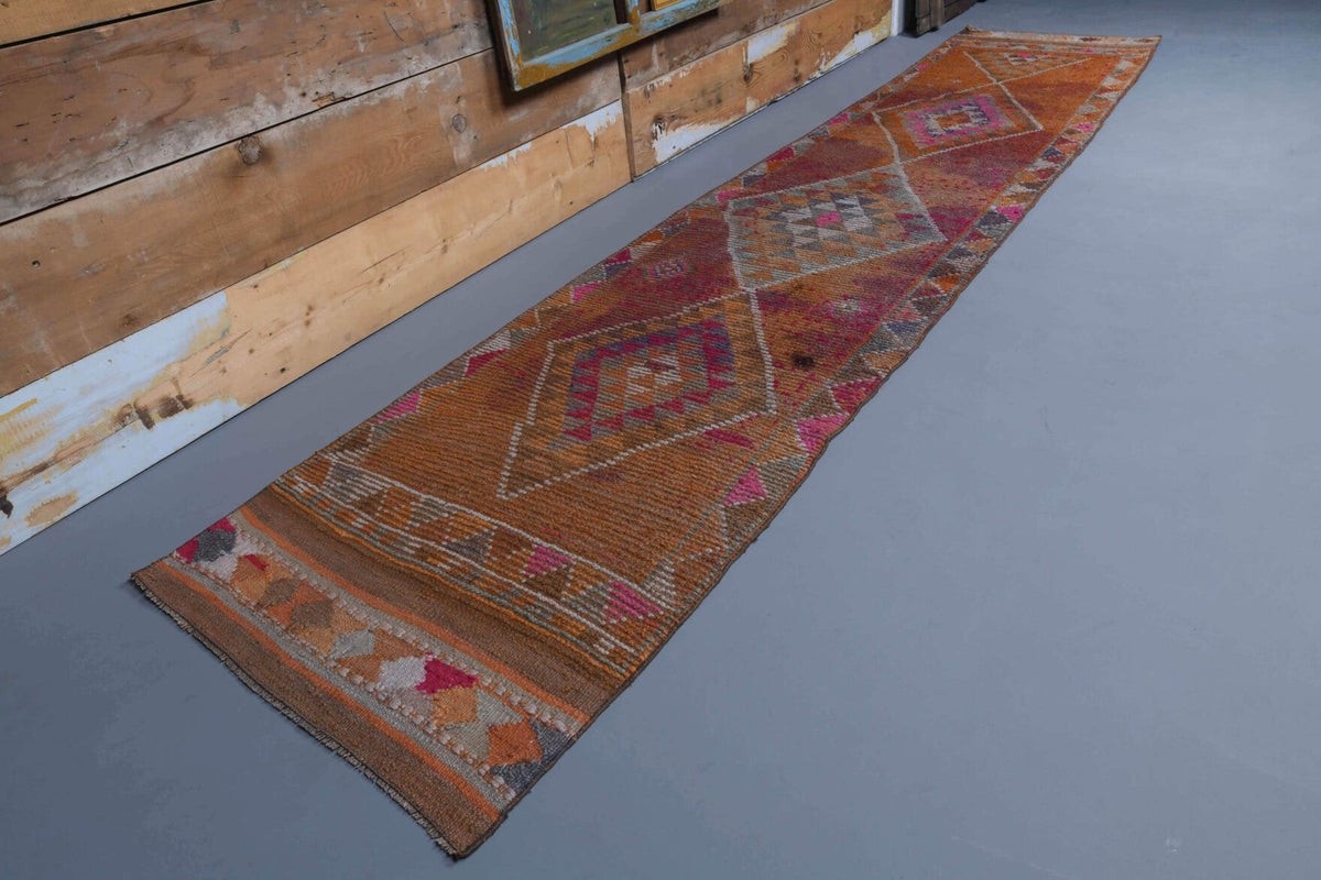 83x400 cm mavi ve kahverengi geometrik desenli el dokuma vintage yolluk – üstten tam görünüm