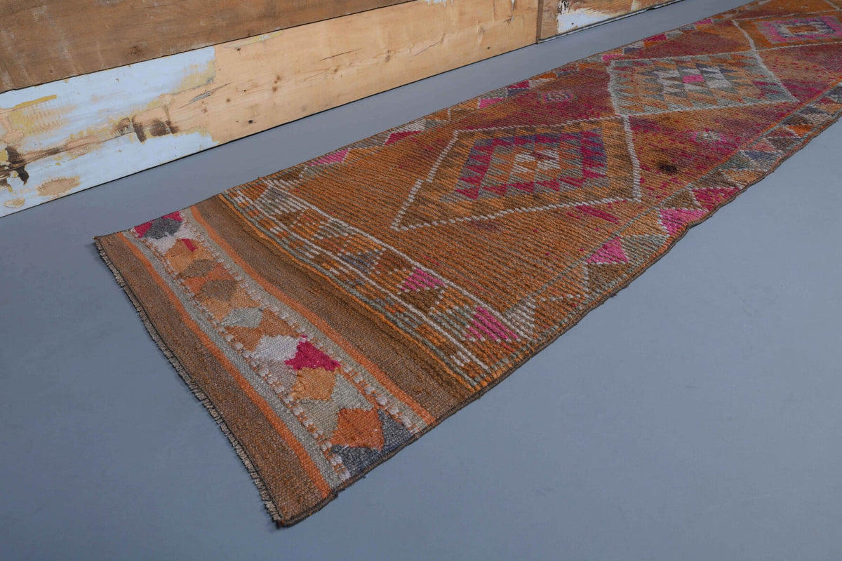 El yapımı vintage yolluk 81x399 cm geometrik desenli yün - yakın çekim doku detayı