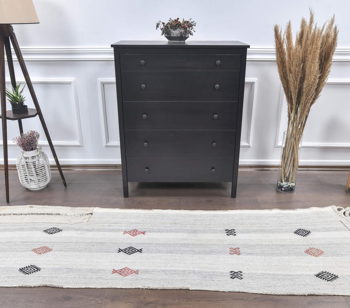 El yapımı vintage yolluk 79x249 cm düz desenli yün - yakın çekim doku detayı