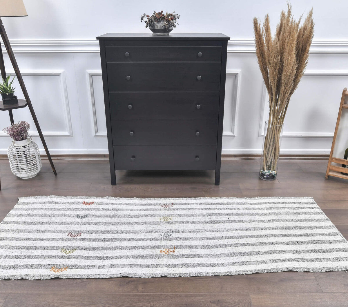 El yapımı vintage yolluk 79x224 cm çizgili desenli yün - detay görünümü