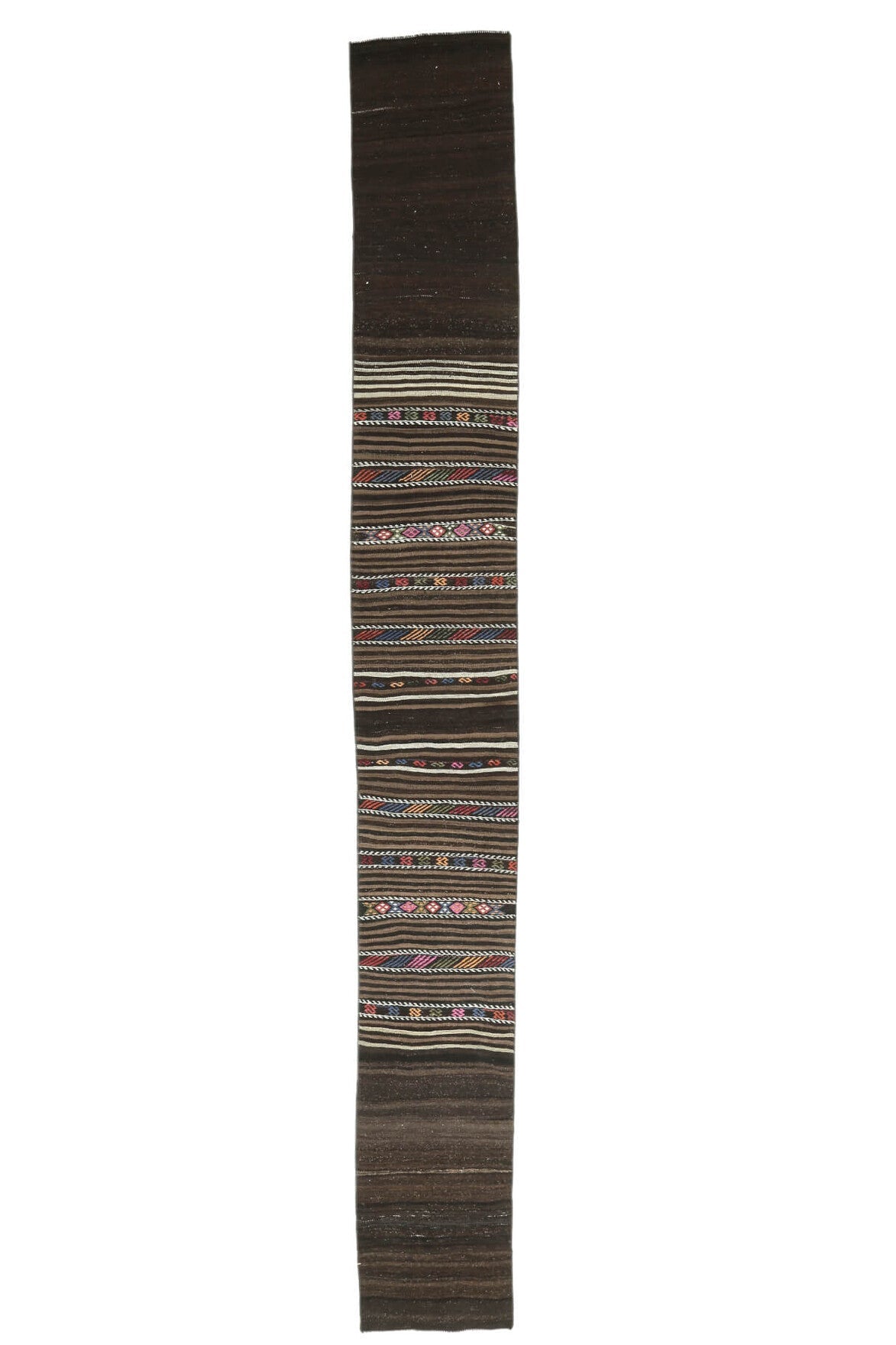 55x444 cm kahverengi ve siyah tribal desenli vintage kilim yolluk – üstten tam görünüm