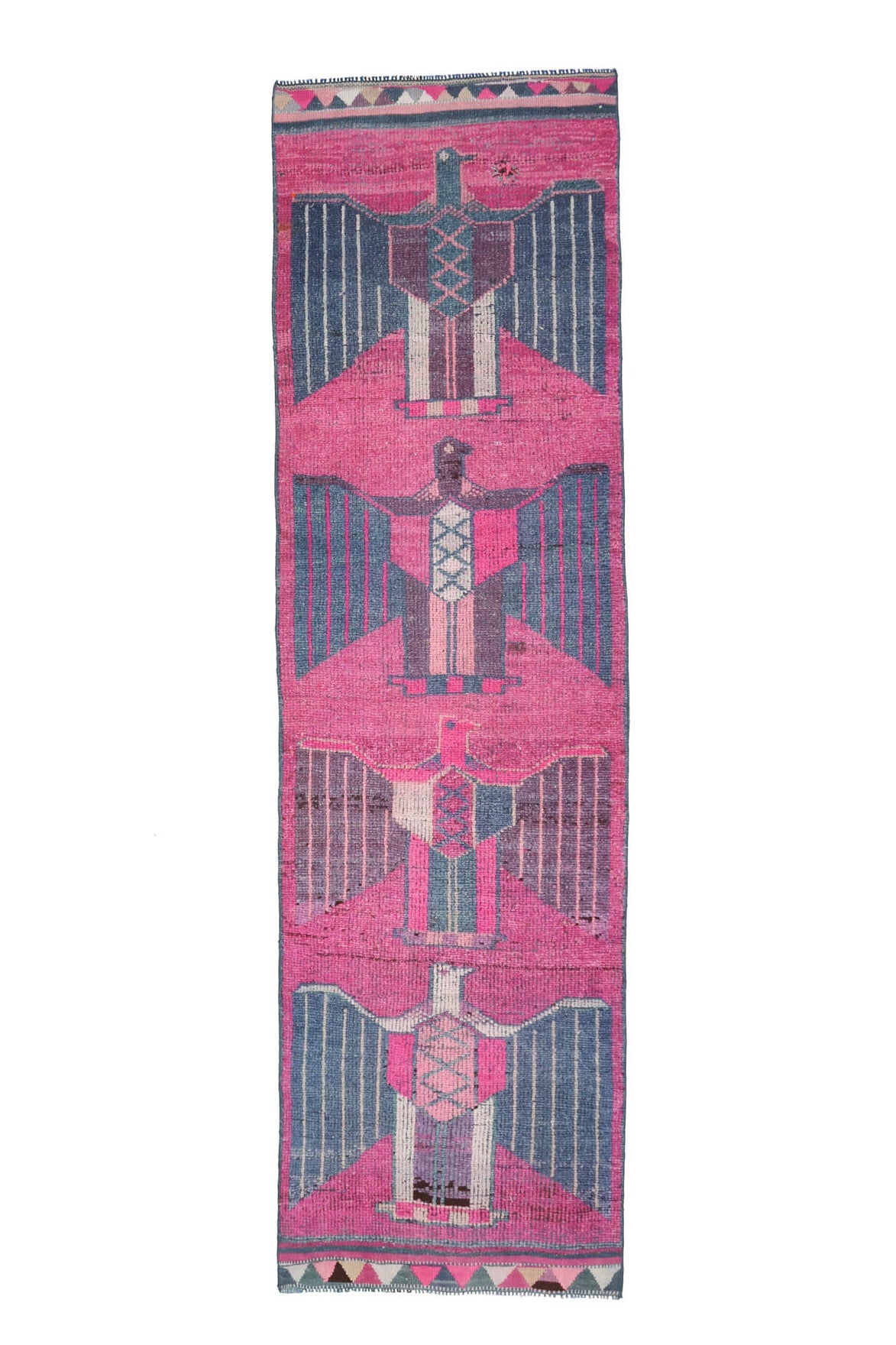 93x332 cm pembe, mavi ve mor mısır desenli el dokuma vintage yolluk – üstten tam görünüm
