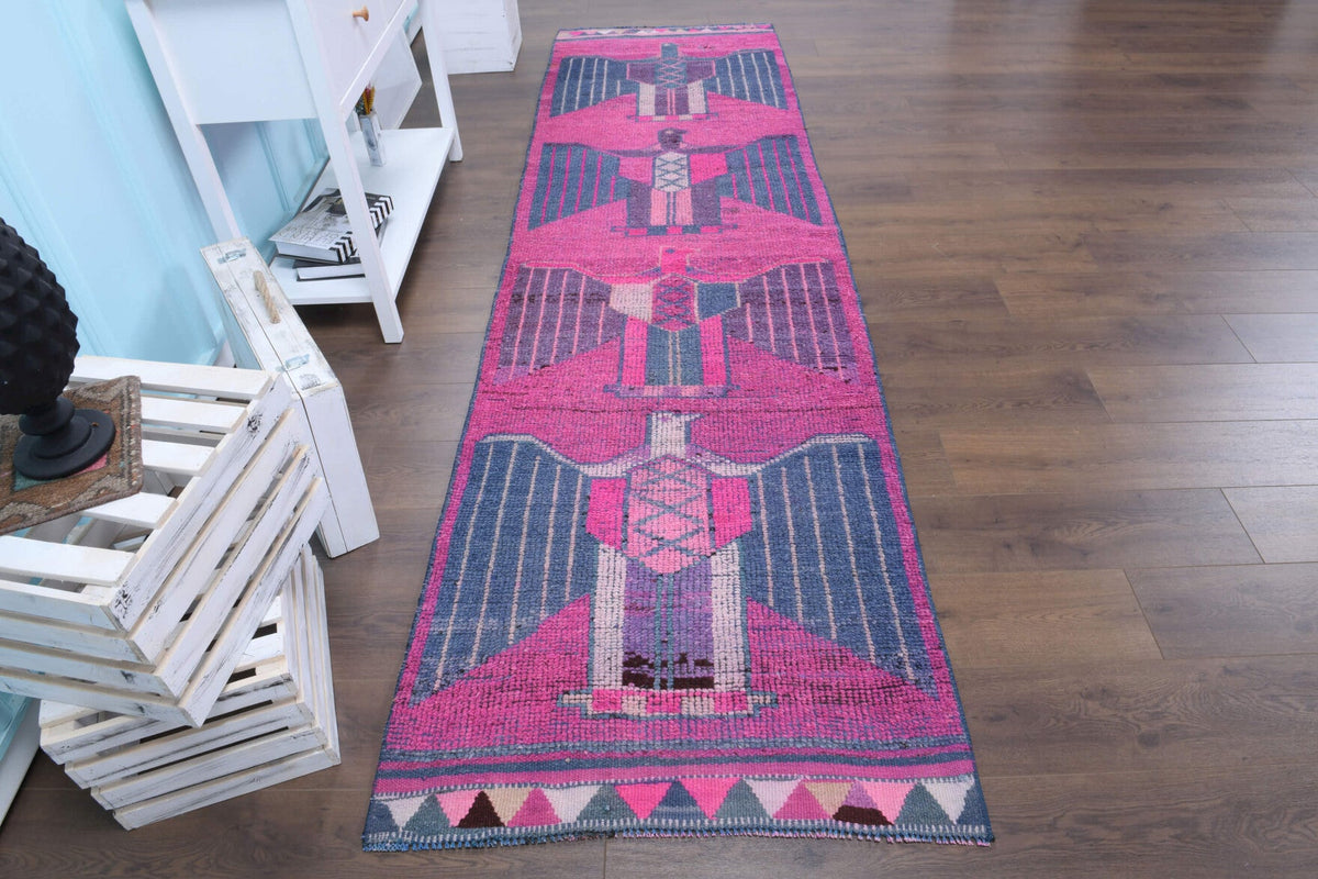 Mısır desenli el dokuma vintage yolluk – pembe, mavi ve mor tonlarda yün dokuma