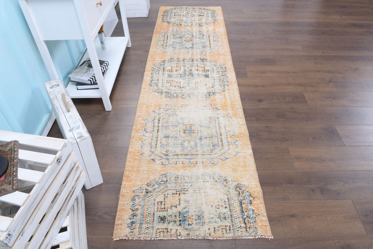 El yapımı vintage yolluk 79x292 cm oryantal desenli yün - yakın çekim doku detayı