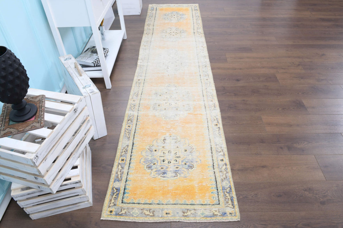 El yapımı vintage yolluk 76x323 cm oryantal desenli yün - yakın çekim doku detayı