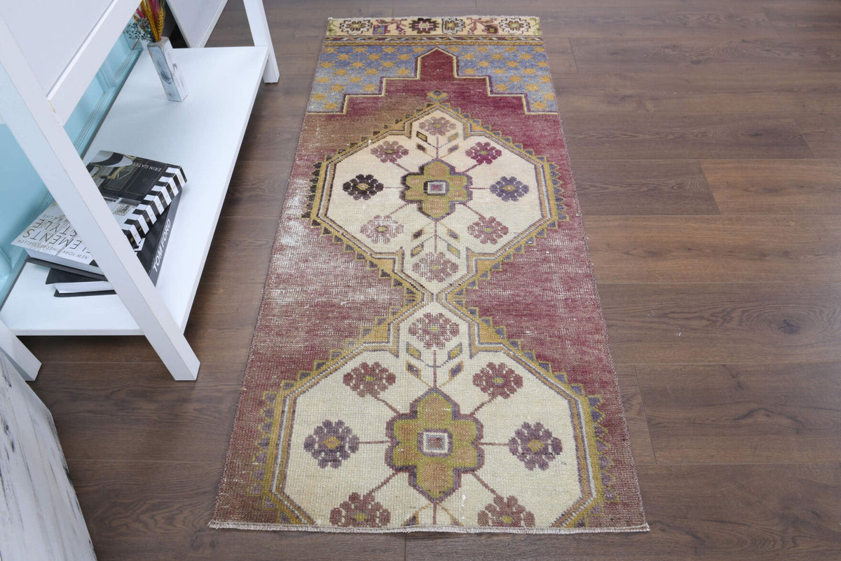 El yapımı vintage yolluk 61x152 cm oryantal desenli yün - yakın çekim doku detayı