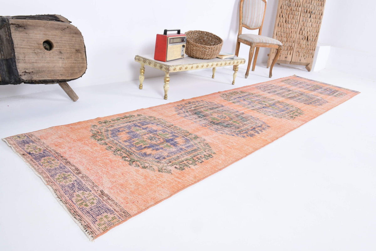 El yapımı vintage yolluk 89x351 cm oryantal desenli yün - yakın çekim doku detayı