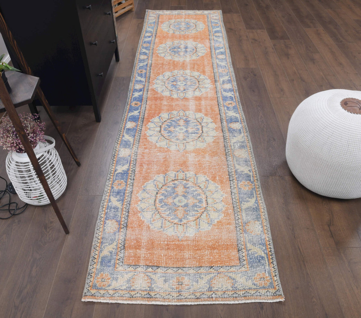 El yapımı vintage yolluk 81x318 cm oryantal desenli yün - yakın çekim doku detayı