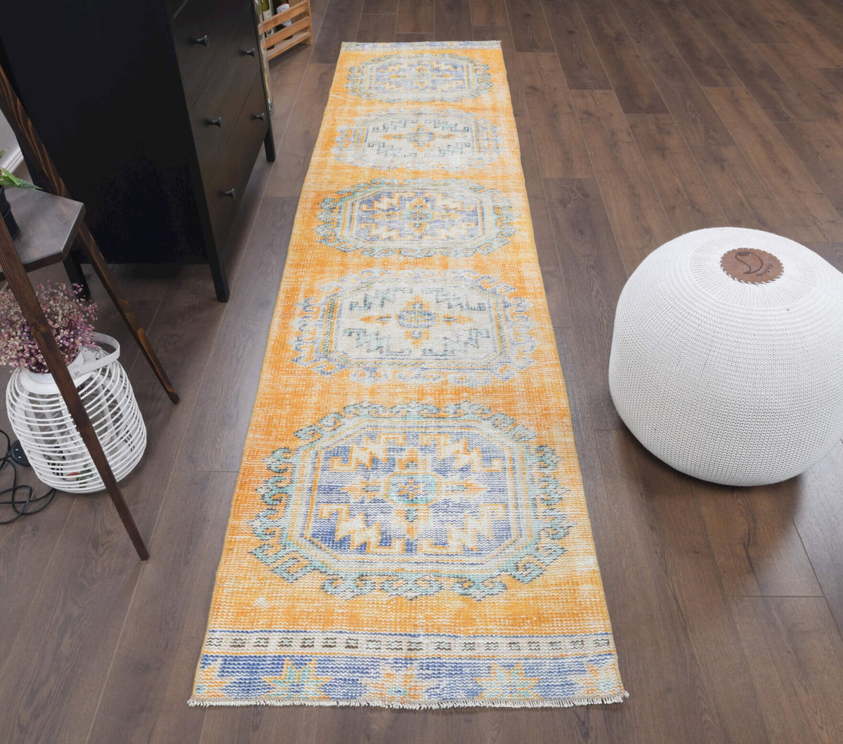 El yapımı vintage yolluk 76x320 cm oryantal desenli yün - yakın çekim doku detayı