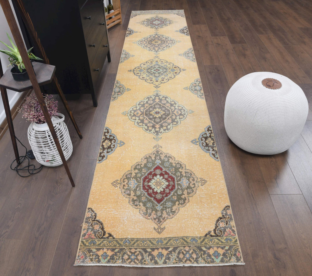 El yapımı vintage yolluk 79x391 cm oryantal desenli yün - yakın çekim doku detayı