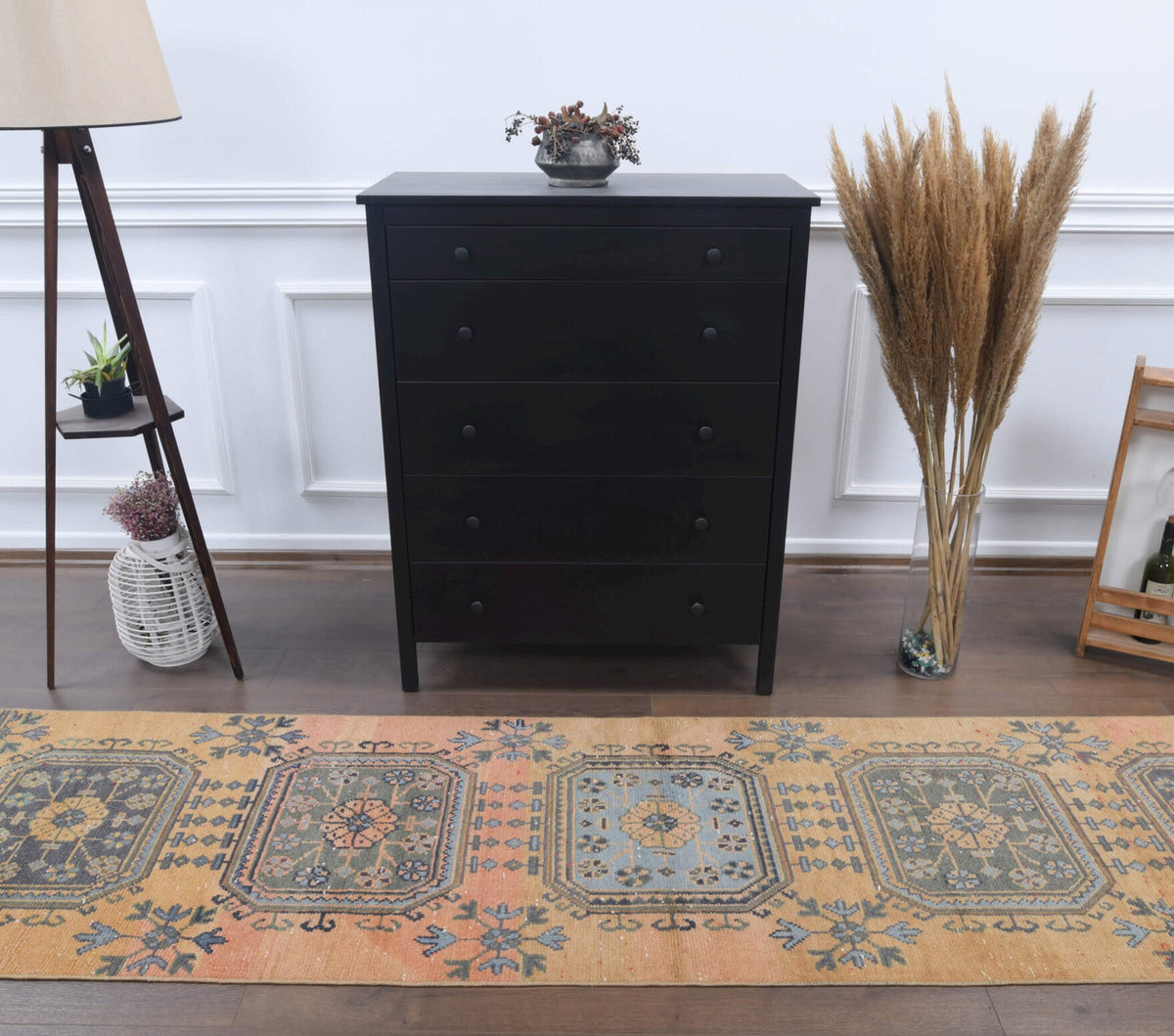 El yapımı vintage yolluk 79x351 cm çiçek desenli desenli yün - detay görünümü