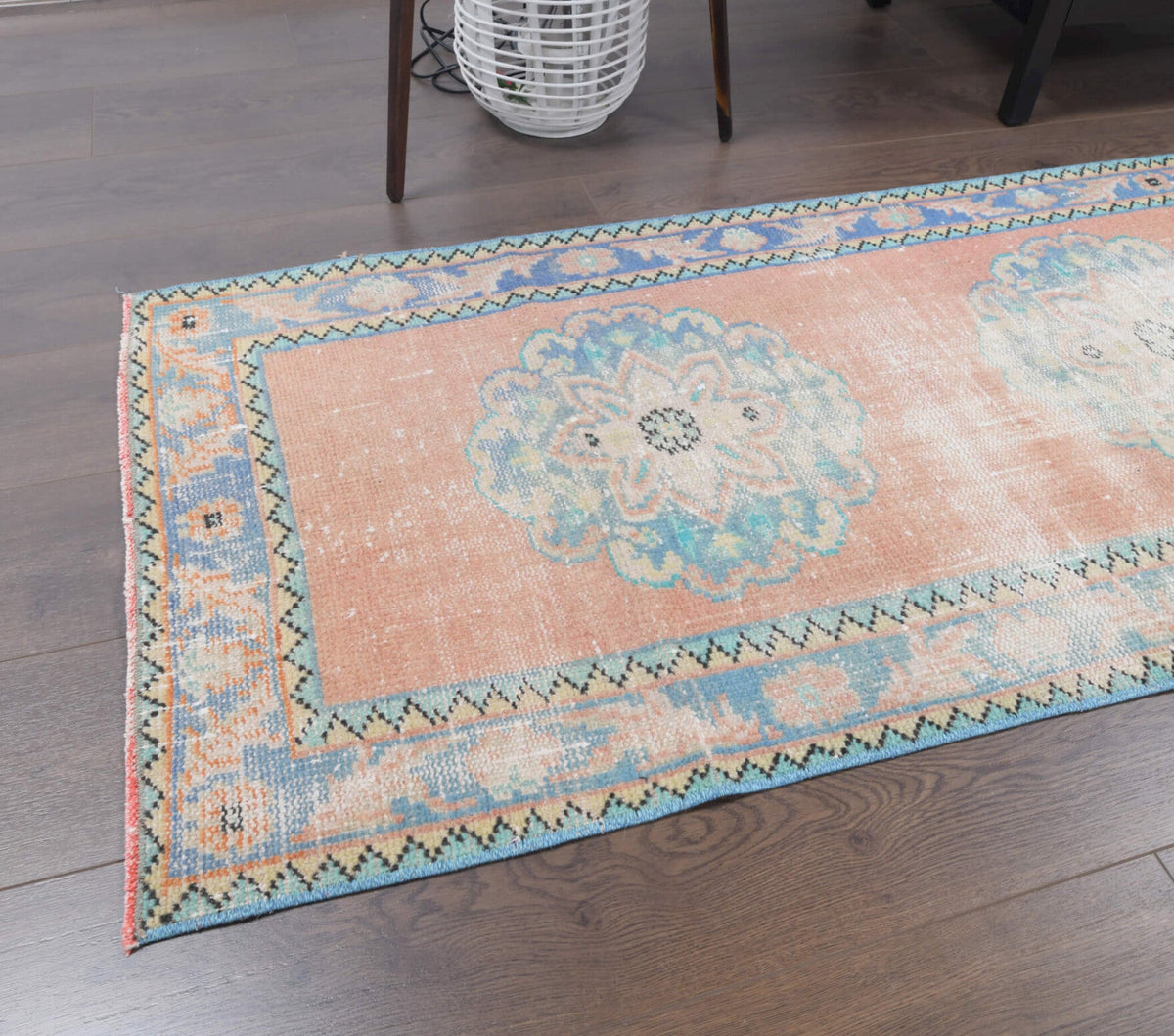 El yapımı vintage yolluk 79x320 cm oryantal desenli yün - kenar ve saçak detayı