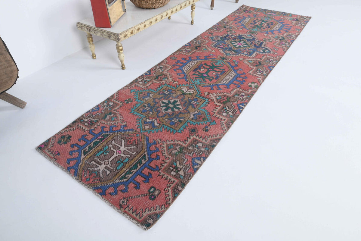 El yapımı vintage yolluk 74x259 cm oryantal desenli yün - yakın çekim doku detayı