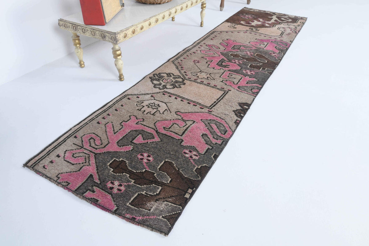 El yapımı vintage yolluk 61x234 cm oryantal desenli yün - yakın çekim doku detayı