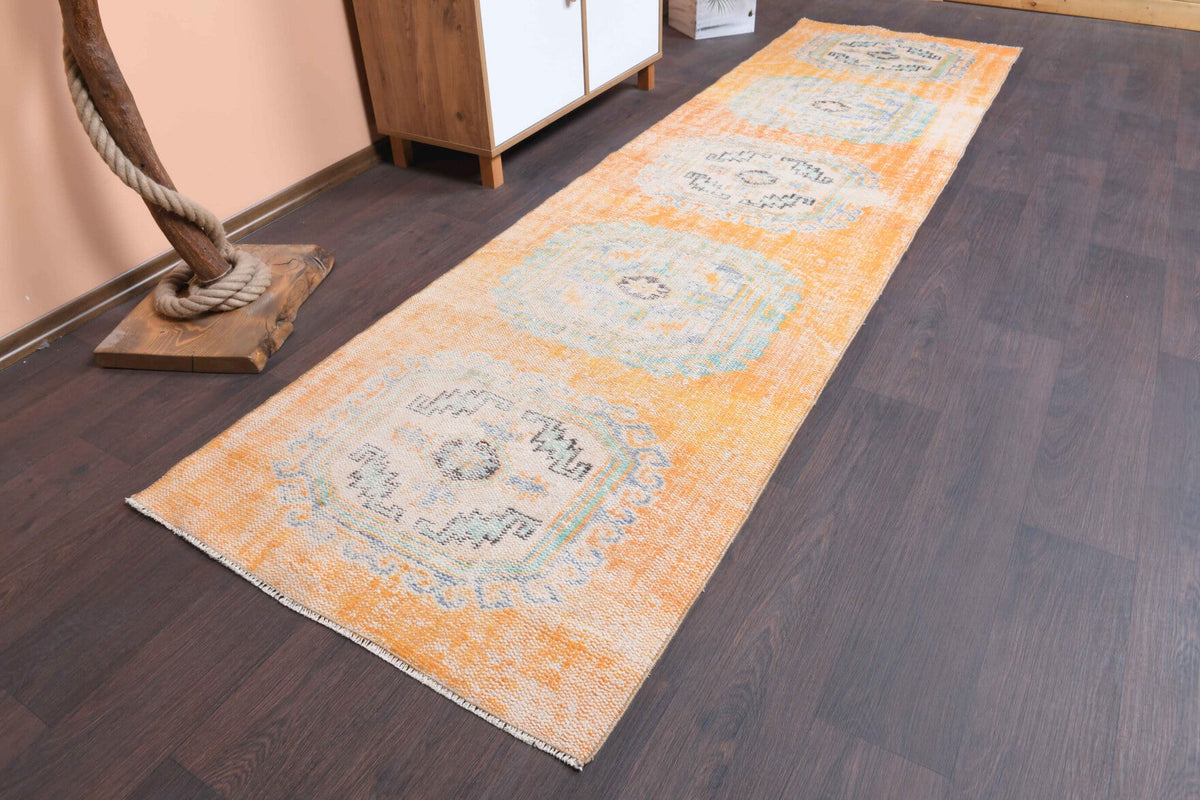 El yapımı vintage yolluk 89x320 cm oryantal desenli yün - yakın çekim doku detayı