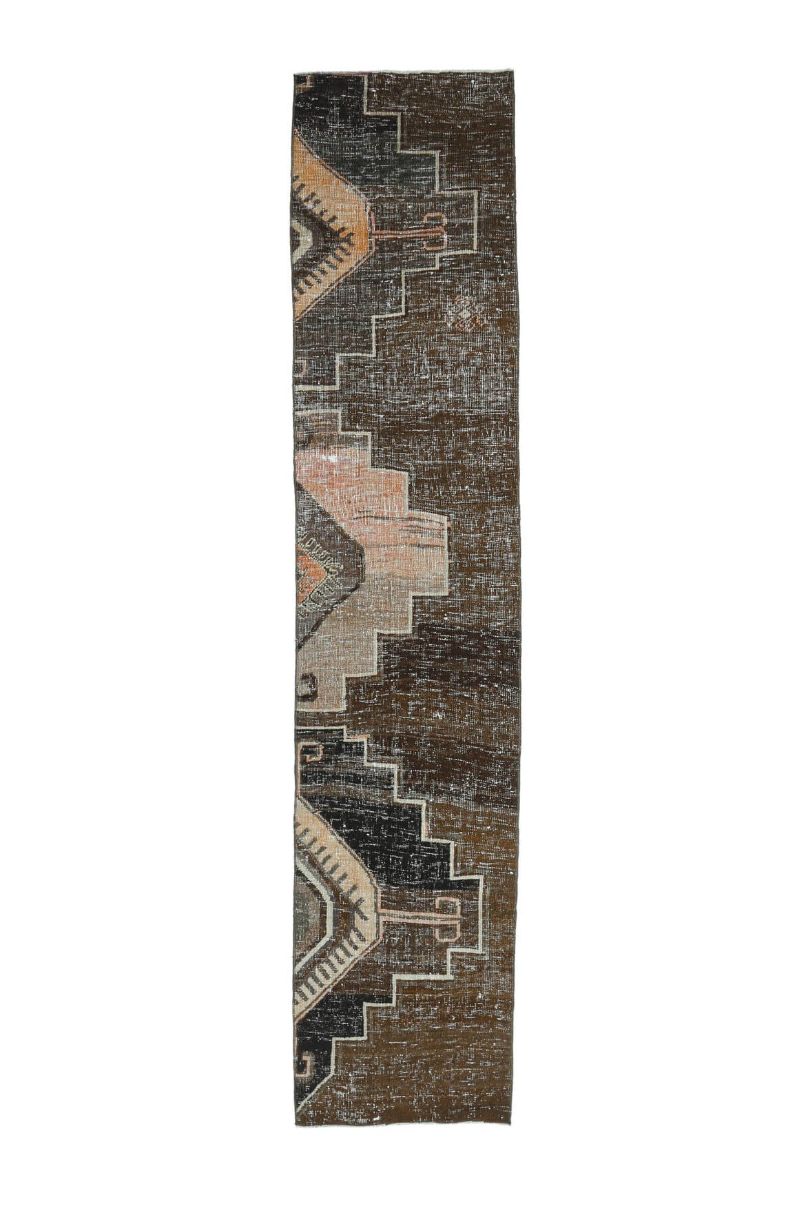 70x330 cm kahverengi ve bej oryantal desenli el dokuma vintage yolluk – üstten tam görünüm