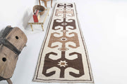 1970'lerden Anadolu kökenli tribal desenli el dokuma vintage yolluk, 99x390 cm