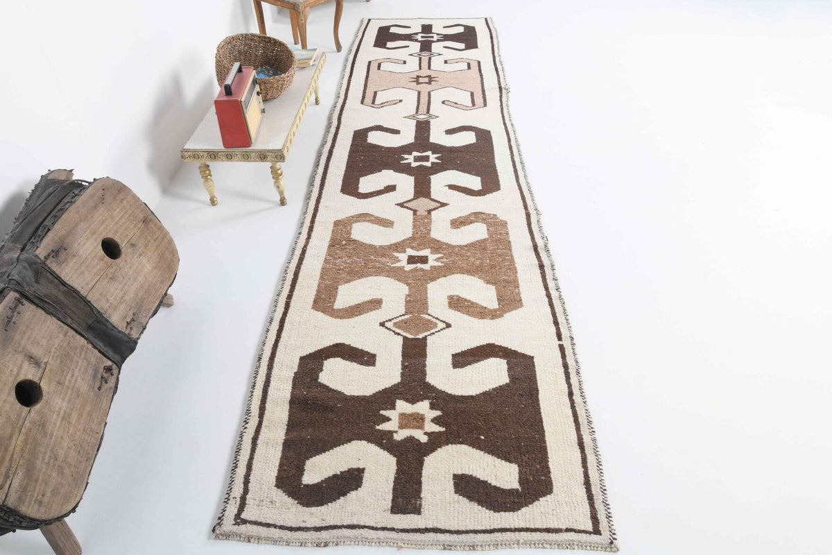 1970'lerden Anadolu kökenli tribal desenli el dokuma vintage yolluk, 99x390 cm
