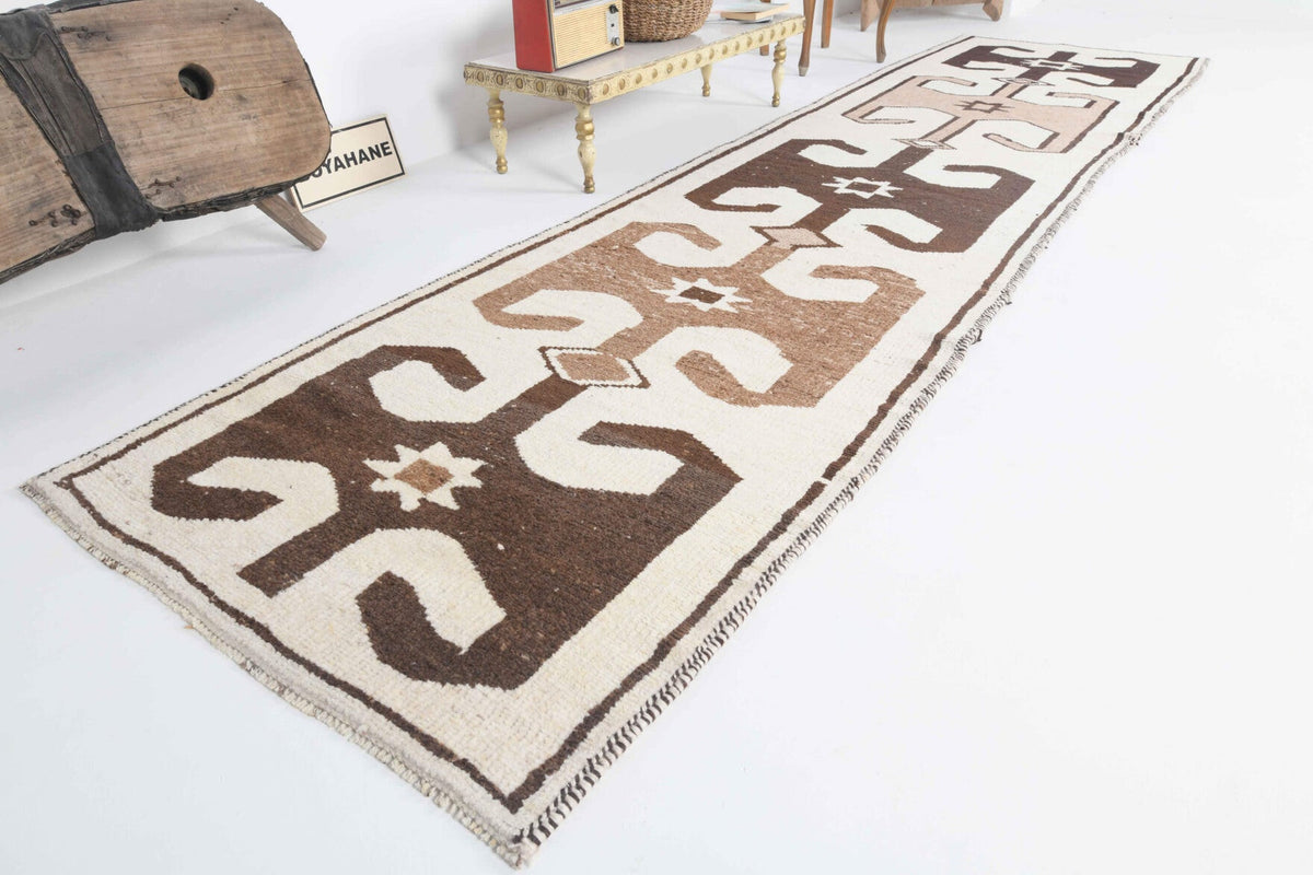 El yapımı vintage yolluk 97x391 cm tribal desenli yün - yakın çekim doku detayı
