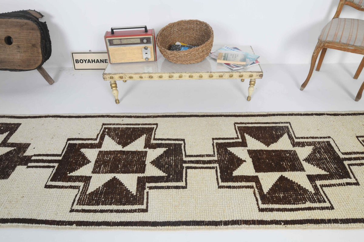 White Oushak Vintage Runner Rug