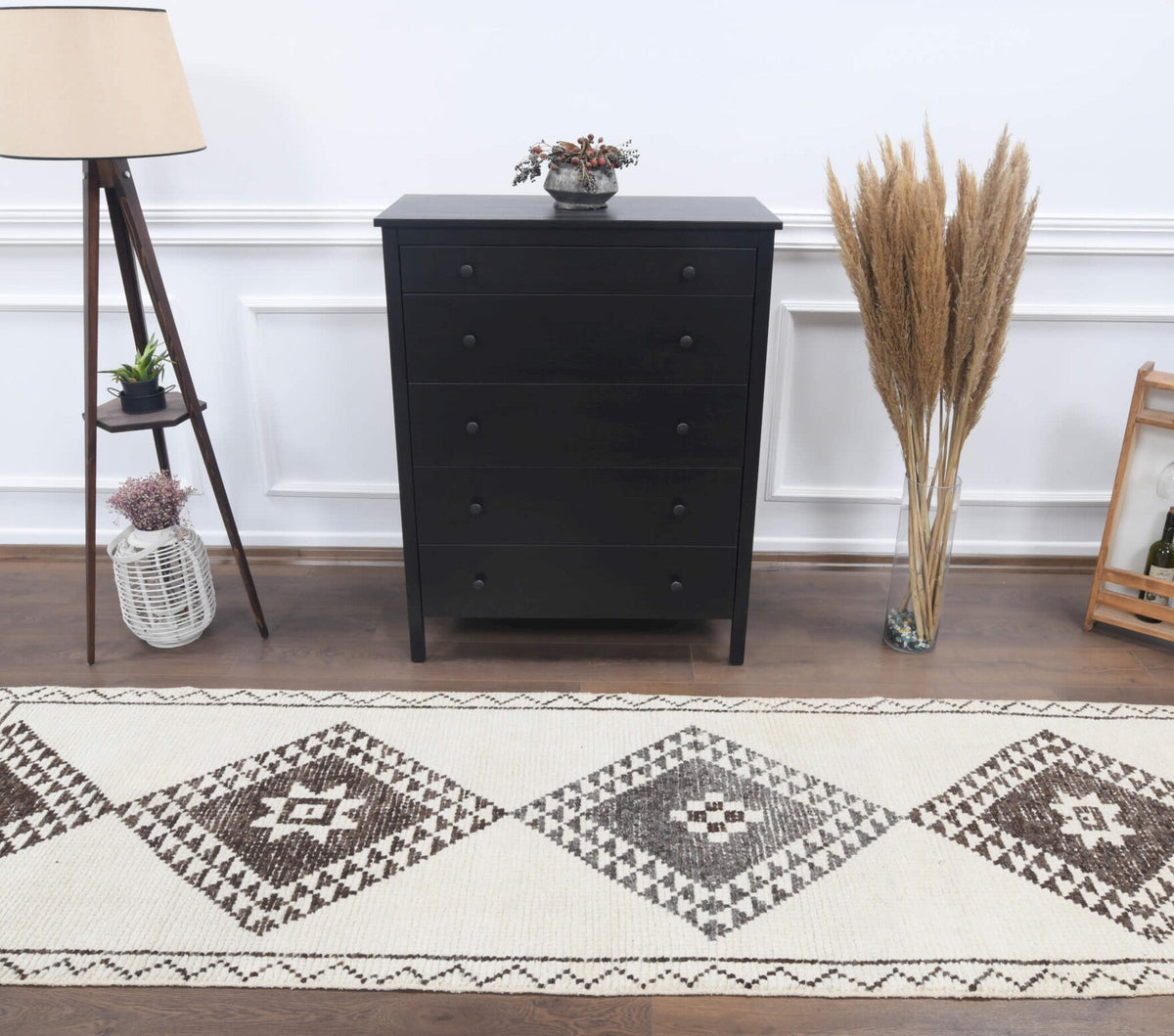 El yapımı vintage yolluk 91x345 cm geometrik desenli yün - detay görünümü