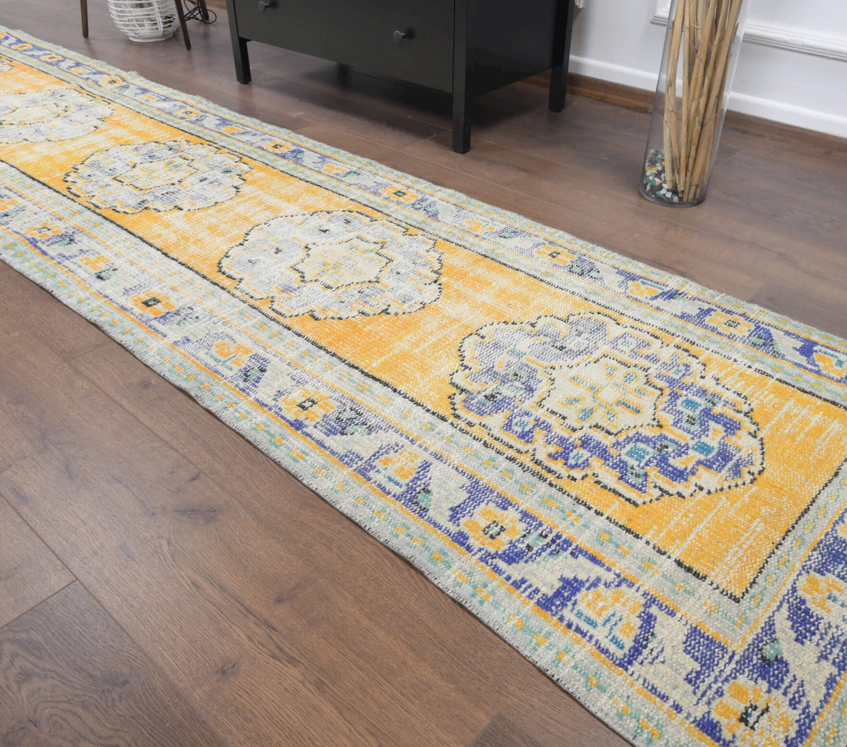 Antre ve koridor için oryantal desenli el dokuma vintage yolluk – 78x337 cm