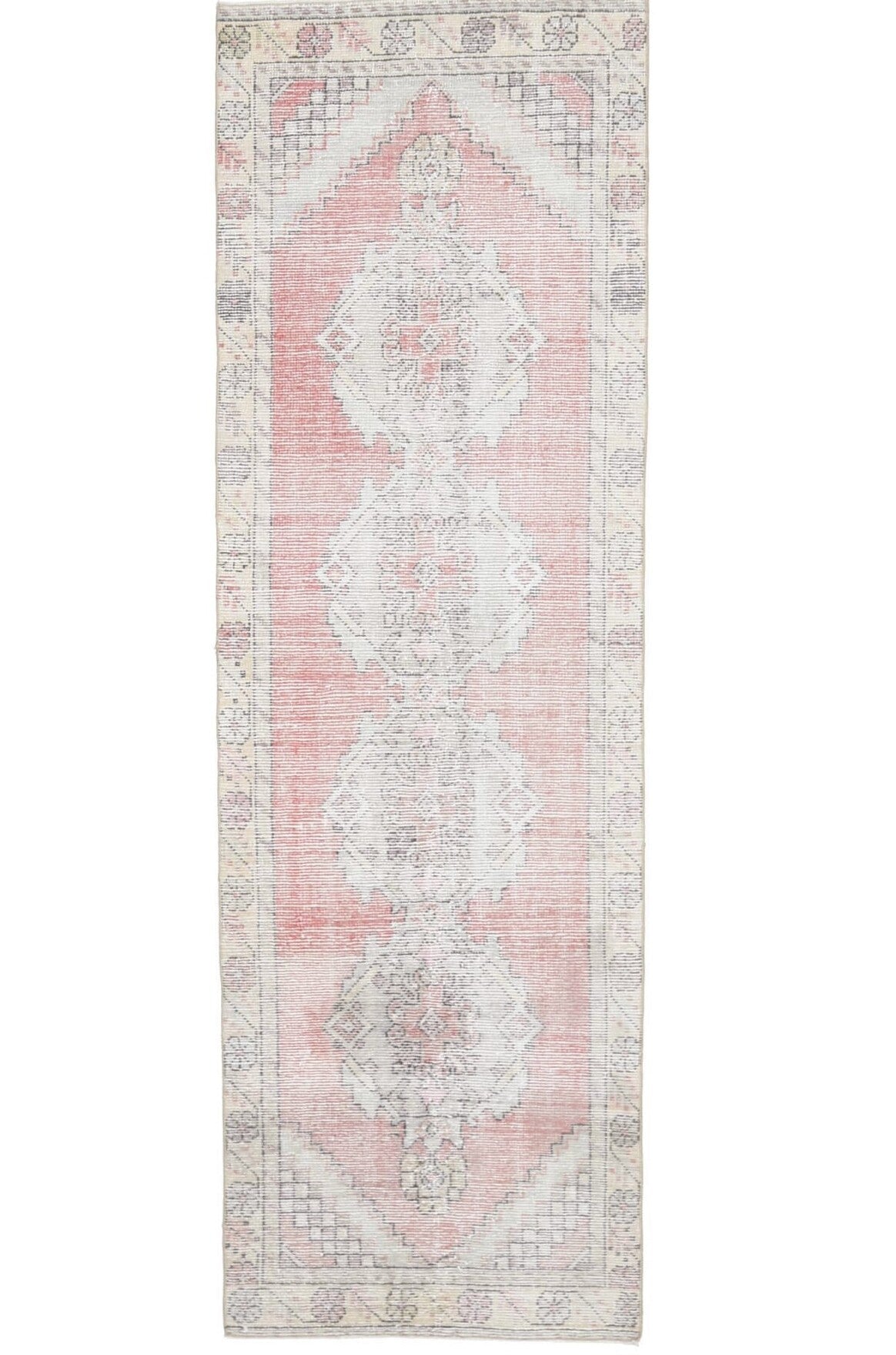 92x295 cm beyaz, pembe ve gri oryantal desenli el dokuma vintage yolluk – üstten tam görünüm