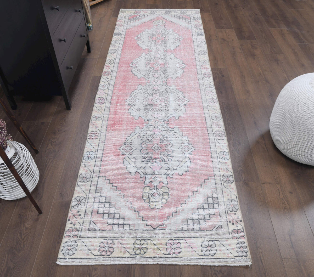 El yapımı vintage yolluk 91x295 cm oryantal desenli yün - yakın çekim doku detayı
