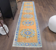 1970'lerden Anadolu kökenli oryantal desenli el dokuma vintage yolluk, 78x313 cm