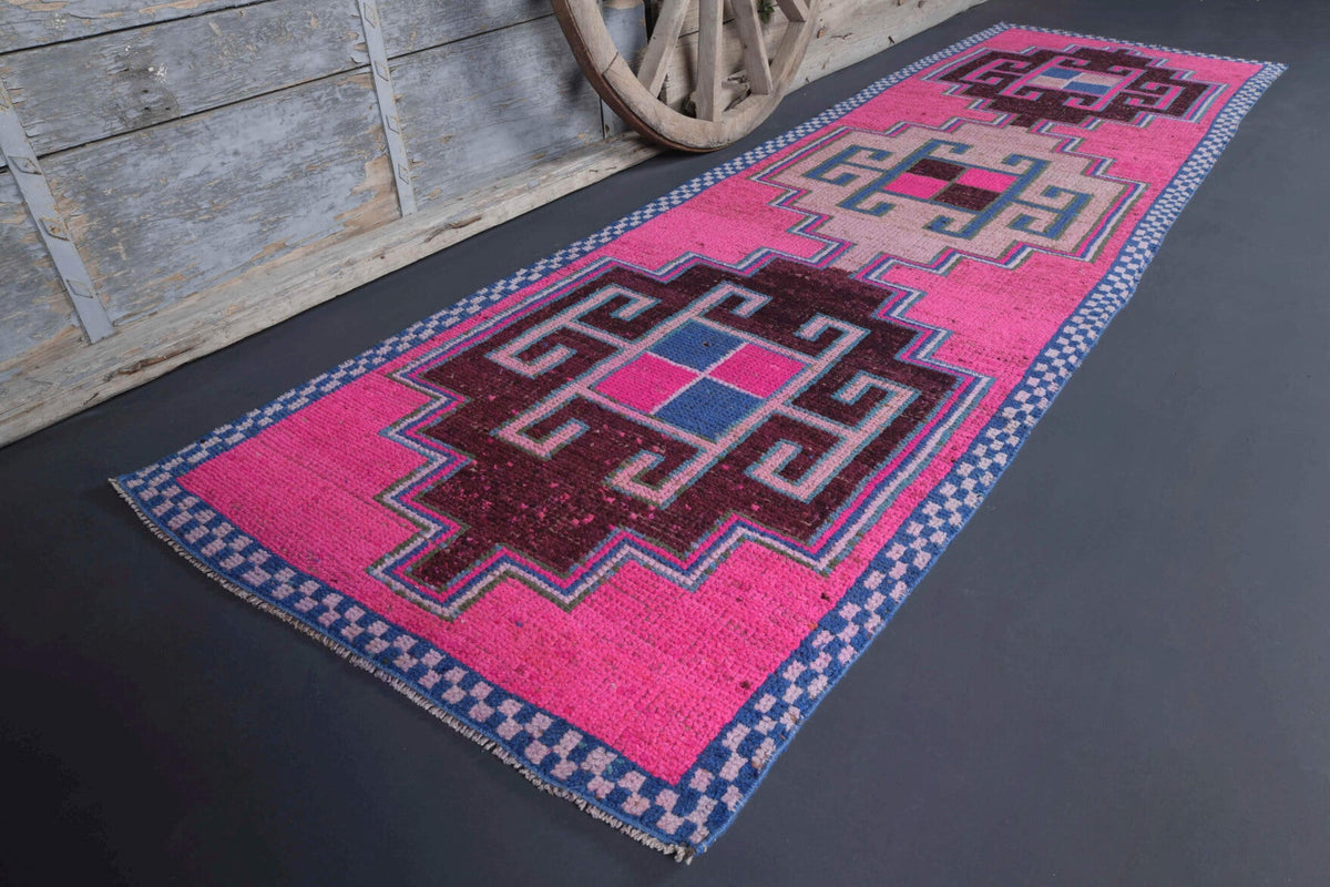 El yapımı vintage yolluk 97x335 cm oryantal desenli yün - yakın çekim doku detayı