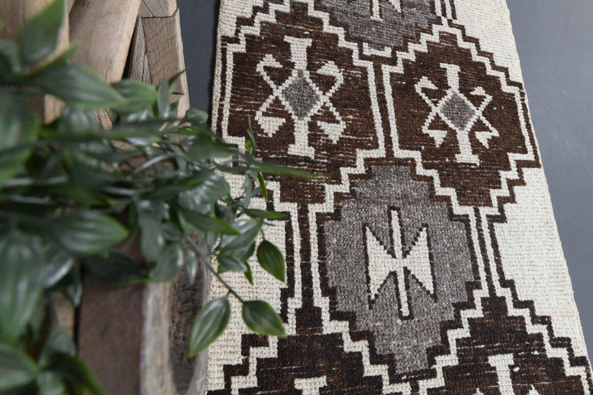 Vintage White Ikat Oushak Runner Rug