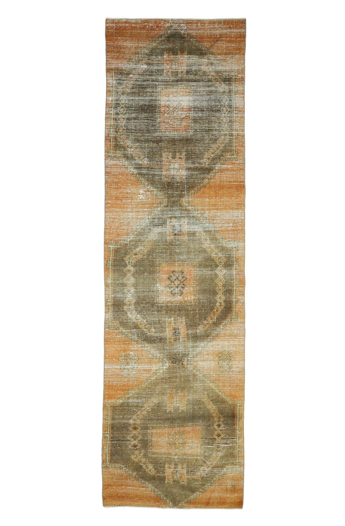 97x350 cm turuncu, kahverengi ve sarı geometrik desenli el dokuma vintage yolluk – üstten tam görünüm