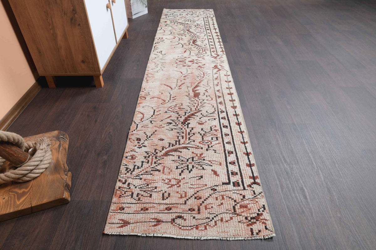 El yapımı vintage yolluk 61x287 cm çiçek desenli desenli yün - yakın çekim doku detayı