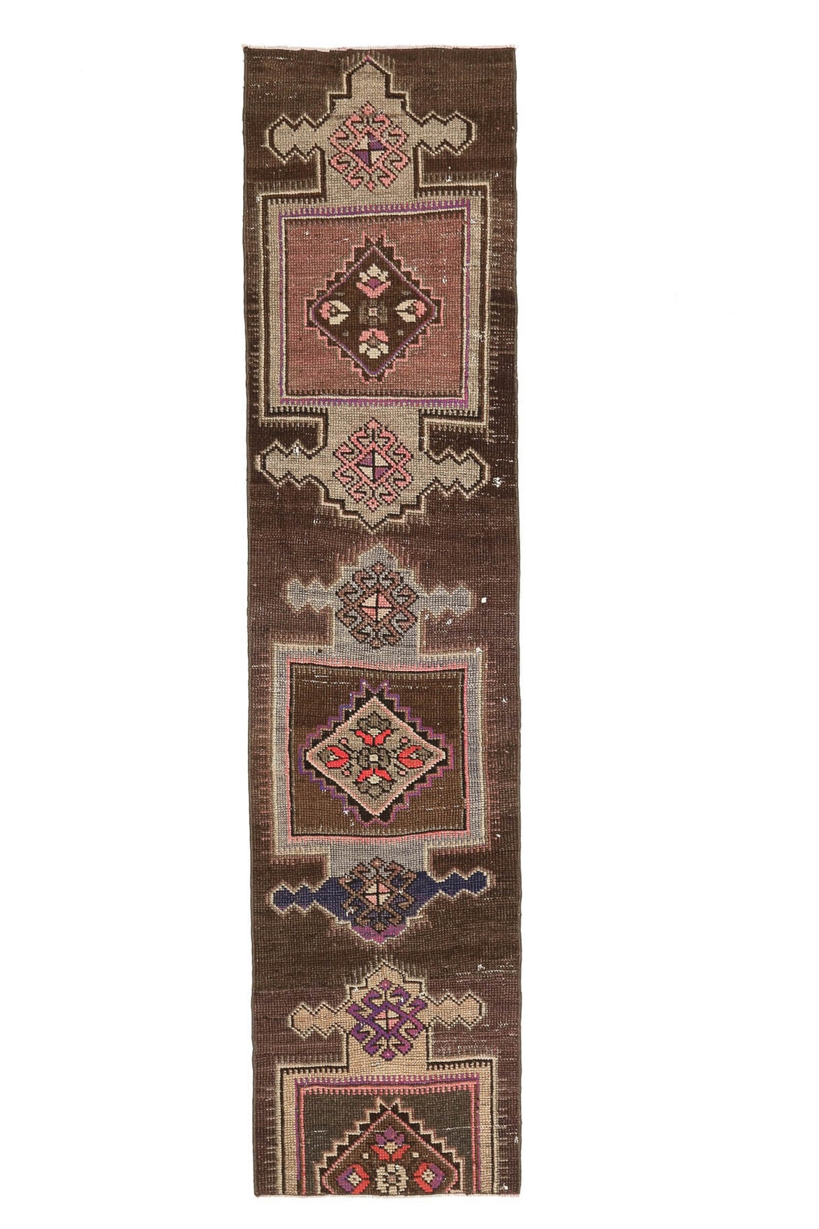 60x259 cm kahverengi ve turuncu oryantal desenli el dokuma vintage yolluk – üstten tam görünüm