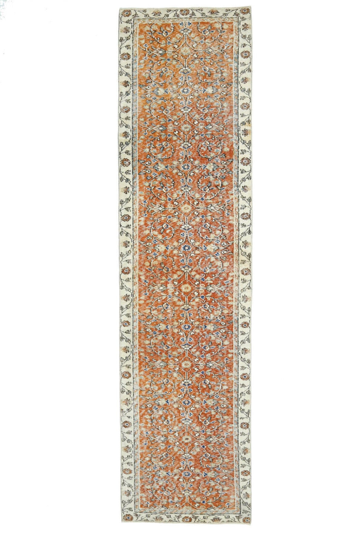El yapımı vintage yolluk 79x318 cm çiçek desenli desenli yün - üstten görünüm