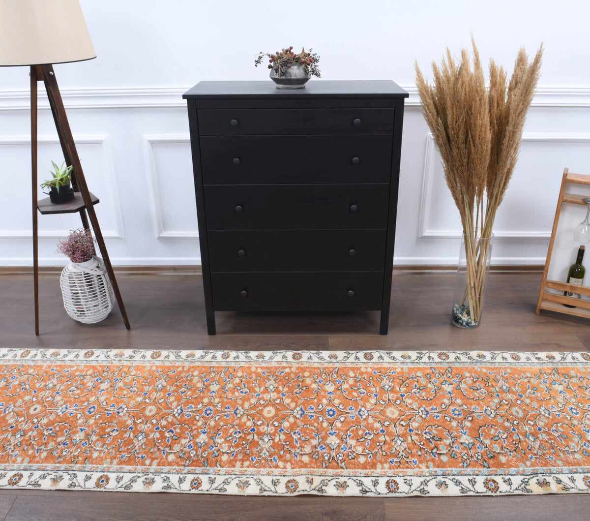 El yapımı vintage yolluk 79x318 cm çiçek desenli desenli yün - detay görünümü