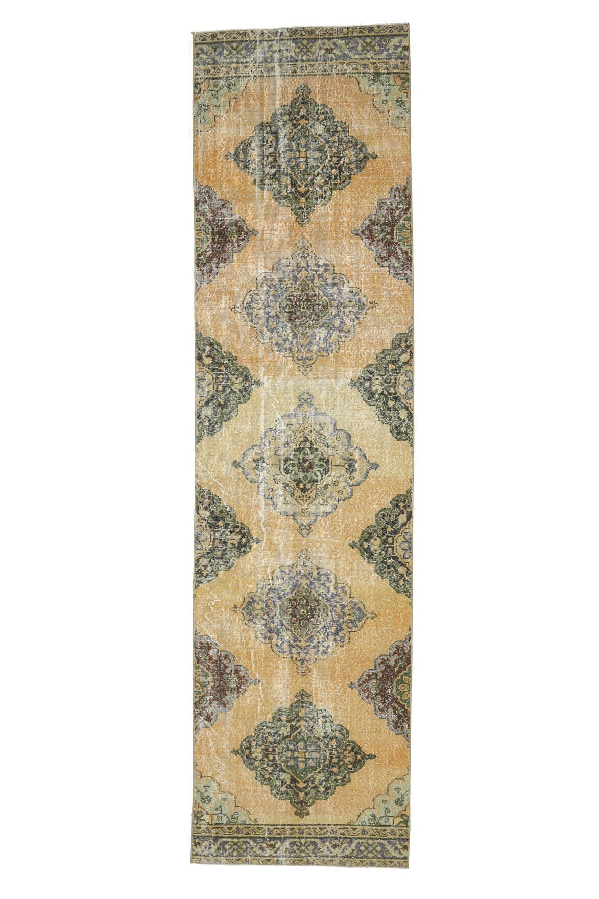 93x371 cm turuncu, bej ve kahverengi oryantal desenli el dokuma vintage yolluk – üstten tam görünüm