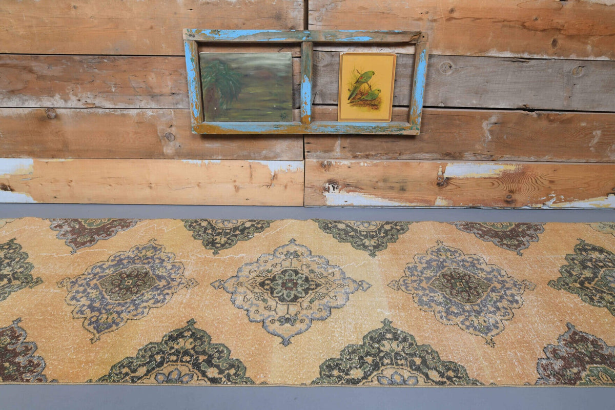 El yapımı vintage yolluk 94x371 cm oryantal desenli yün - yakın çekim doku detayı