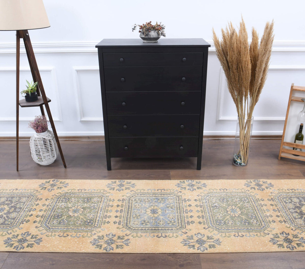 El yapımı vintage yolluk 81x345 cm çiçek desenli desenli yün - detay görünümü