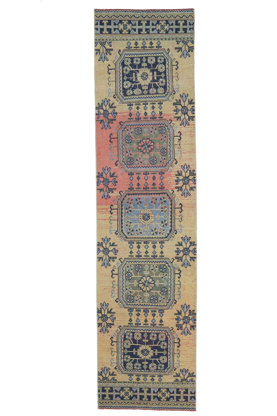 82x330 cm turuncu, bej ve kahverengi çiçek desenli el dokuma vintage yolluk – üstten tam görünüm